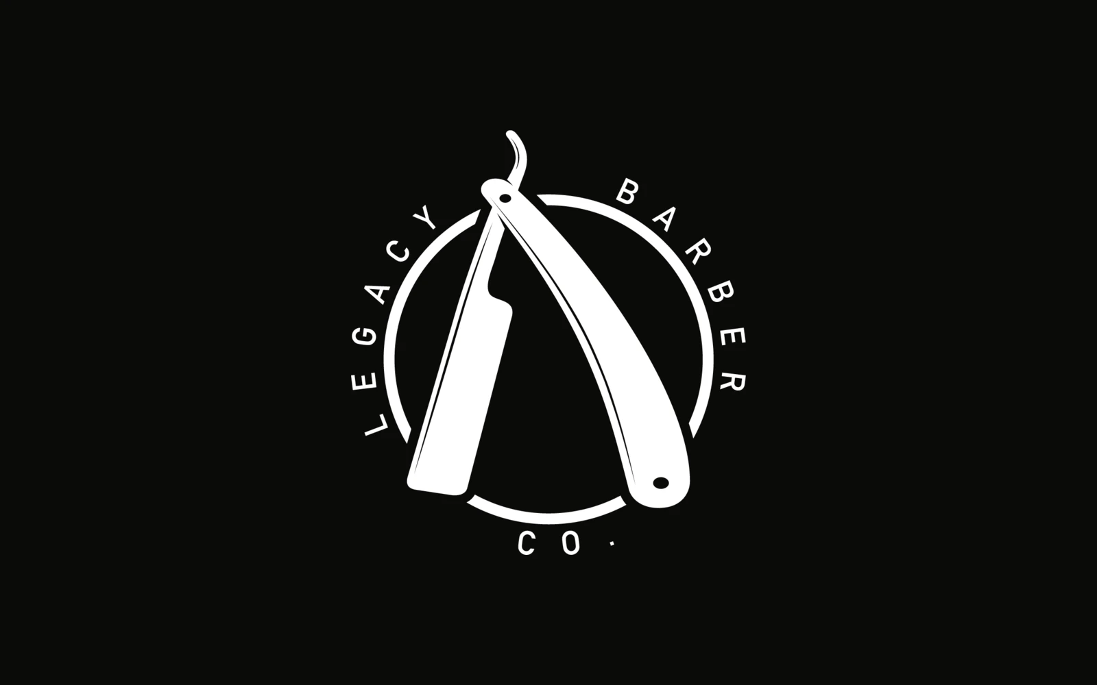 Legacy Barber Co. razor lockup in white on black